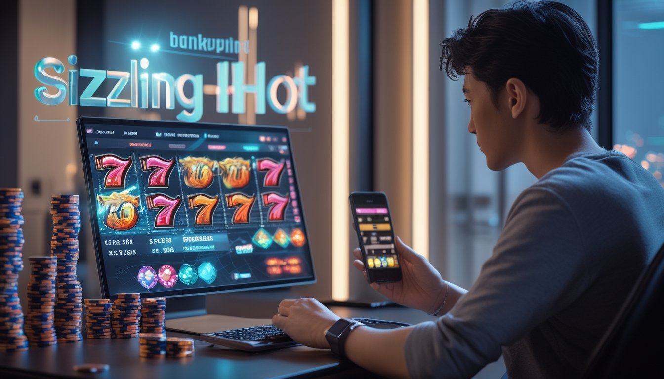 Seorang dewasa muda duduk di meja dengan laptop dan ponsel yang menampilkan permainan slot online, sambil menganalisis data keuangan dengan tumpukan chip dan uang di sekitar.