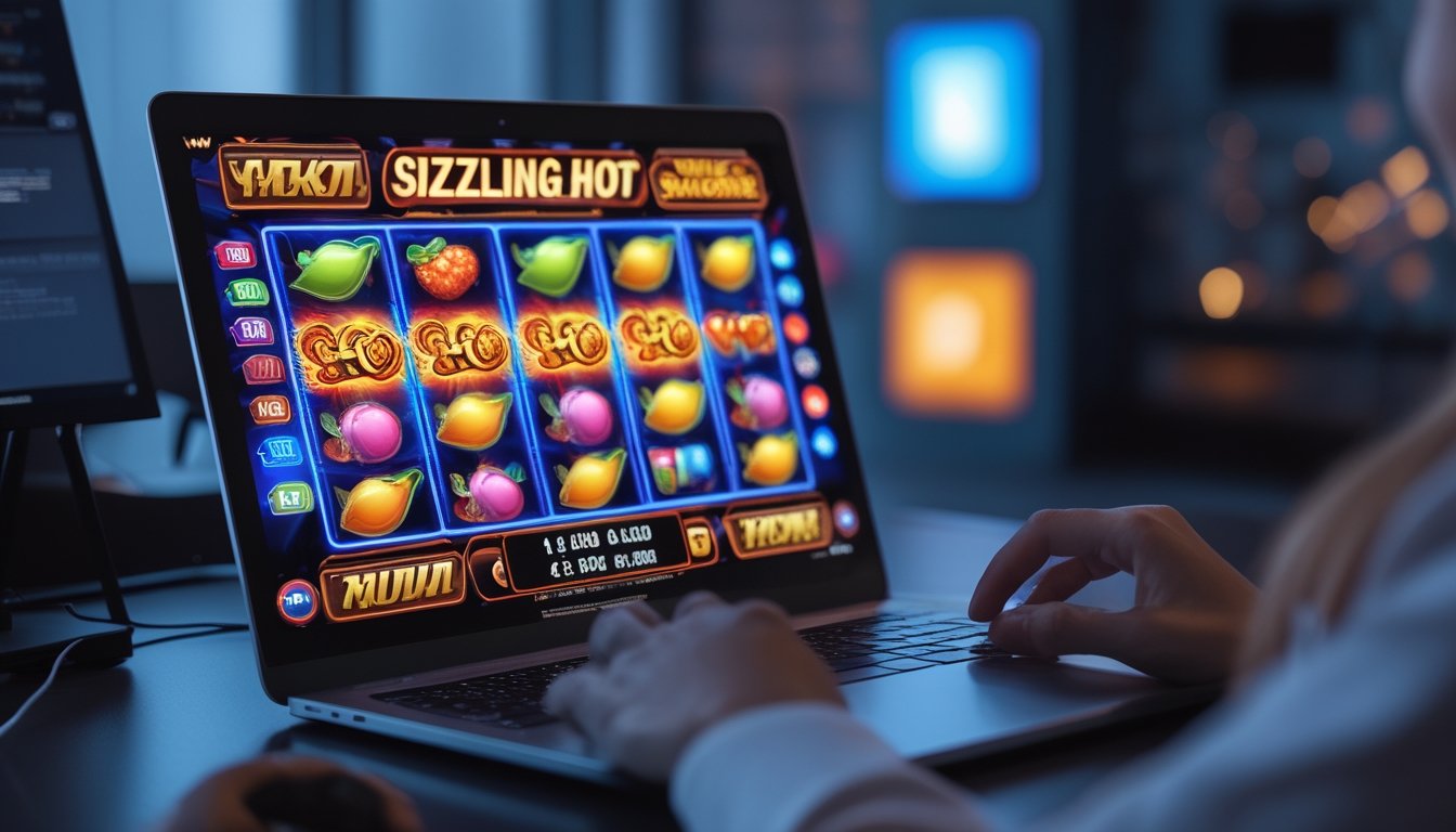 Seseorang menggunakan komputer dengan tampilan permainan slot online berwarna-warni di layar dalam ruang kerja modern.