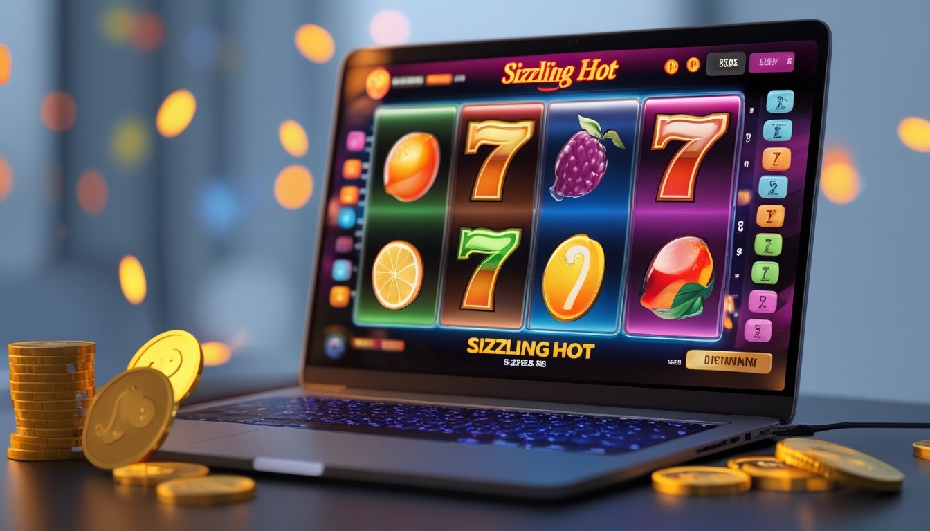 Sebuah layar komputer menampilkan permainan slot online dengan simbol buah berwarna cerah, dikelilingi oleh koin digital dan chip poker.