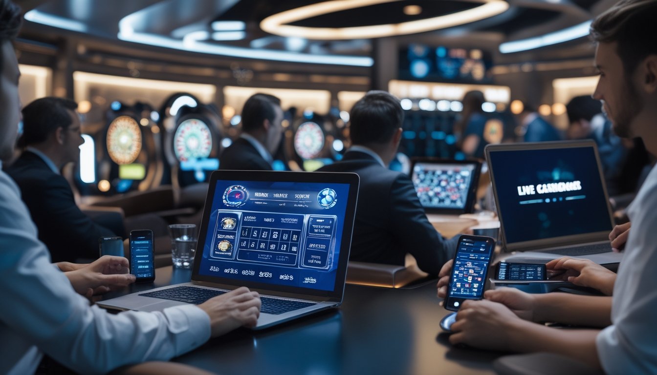 Orang-orang bermain permainan kasino langsung secara online menggunakan berbagai perangkat digital dalam suasana kasino modern.