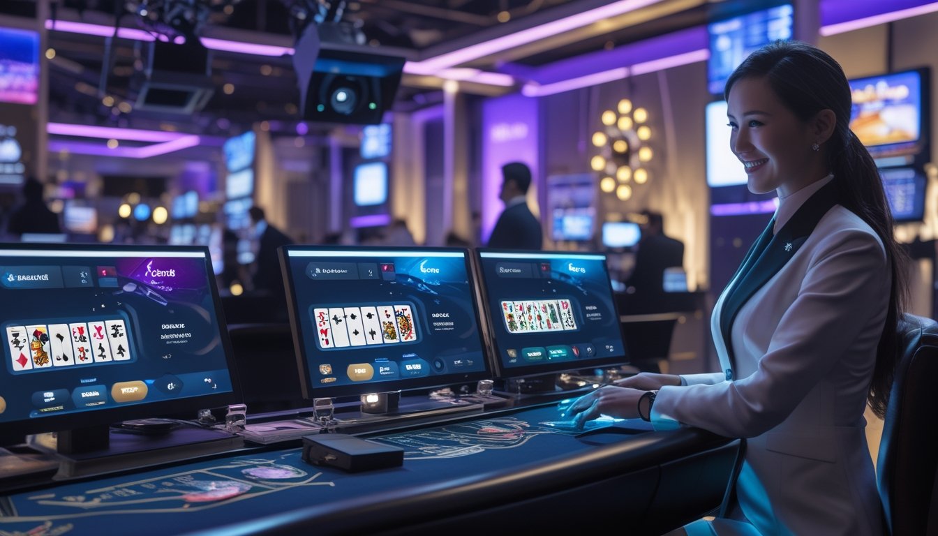 Seorang dealer kasino profesional sedang berinteraksi dengan layar digital dalam suasana studio kasino online yang modern dan canggih.