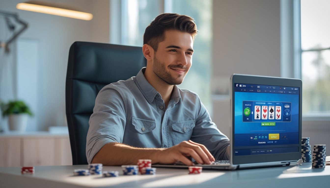 Seorang pria muda duduk di meja dengan laptop yang menampilkan permainan kasino online, dikelilingi oleh chip poker dan kartu remi.