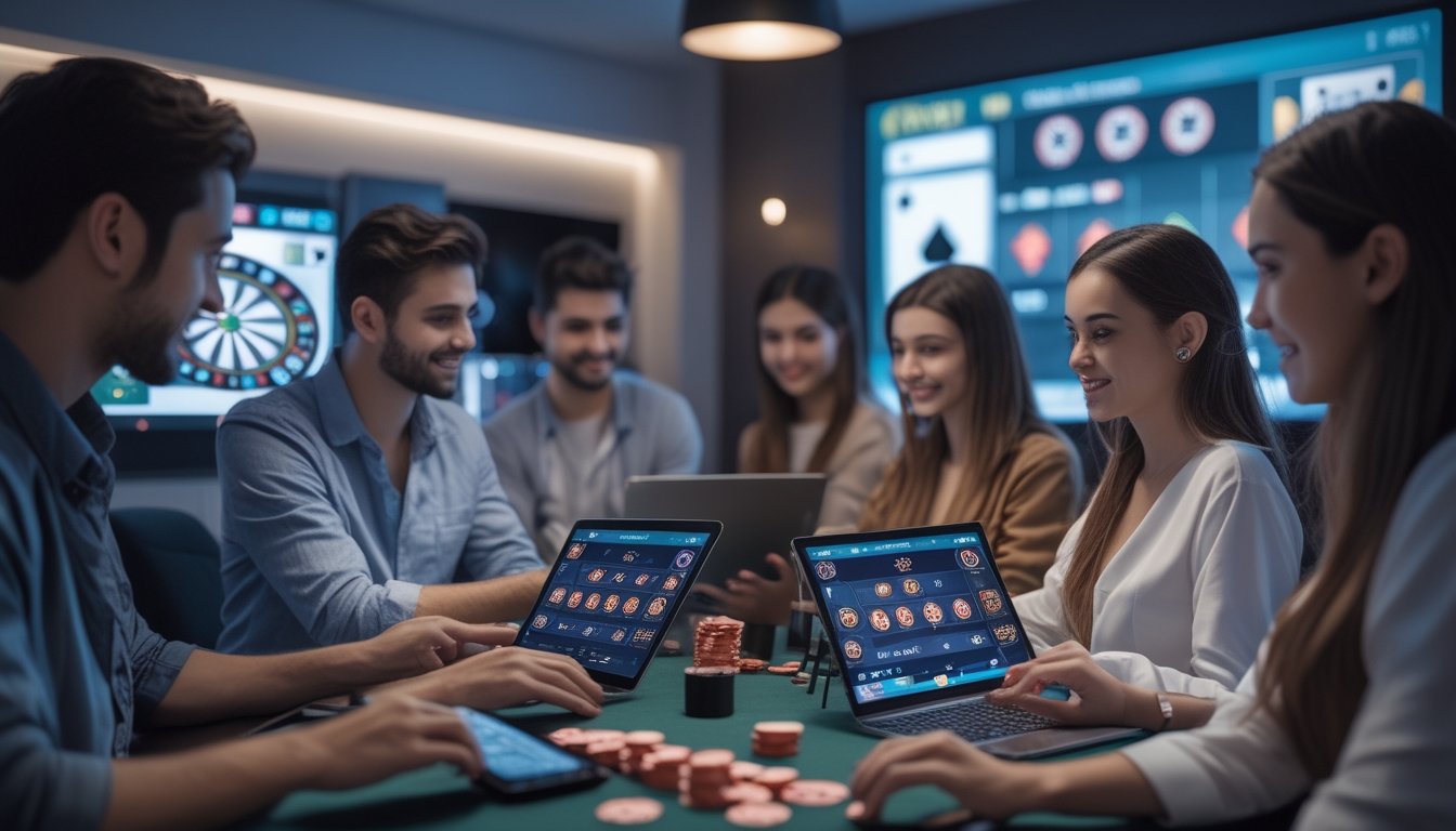 Sekelompok orang muda bermain permainan kasino langsung secara online menggunakan berbagai perangkat digital di lingkungan rumah yang modern.