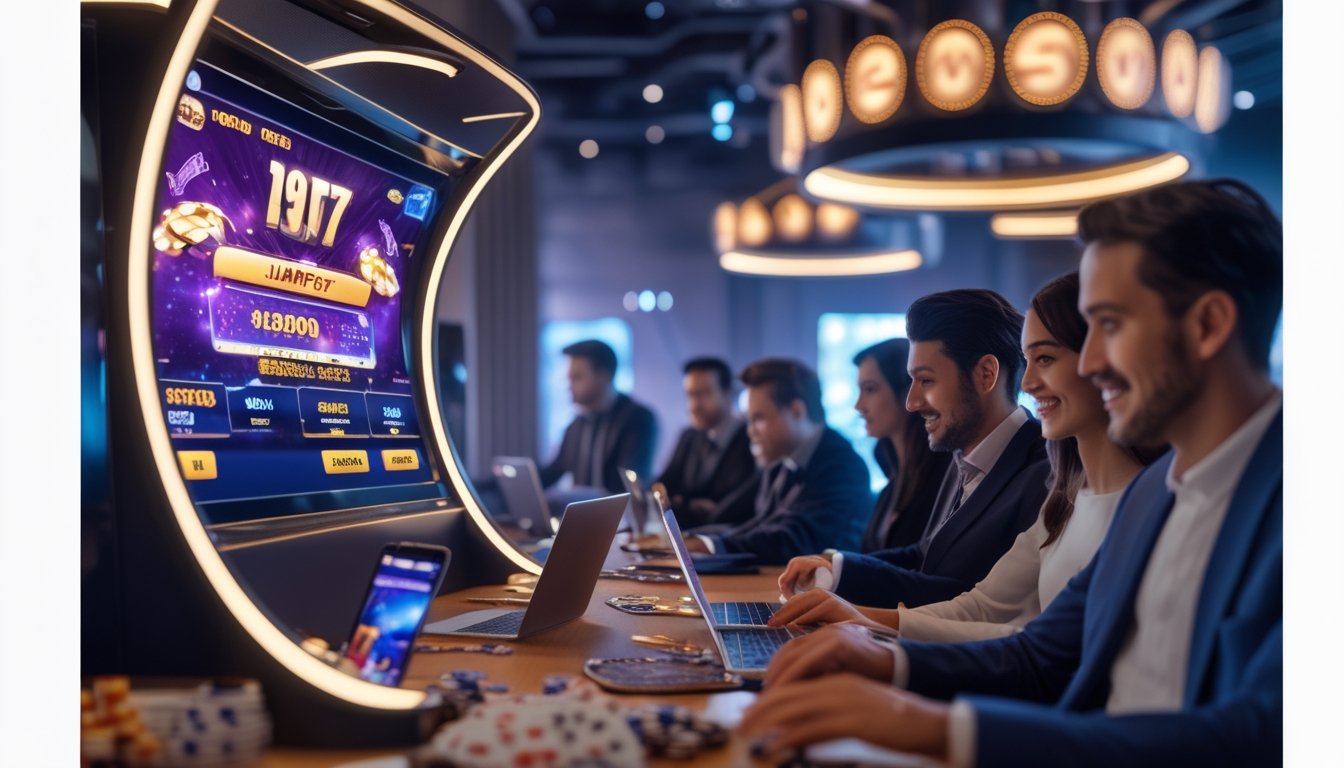 Sejumlah orang bermain game kasino online dengan layar komputer dan ponsel yang menampilkan grafik jackpot besar di ruangan yang mewah dan terang.