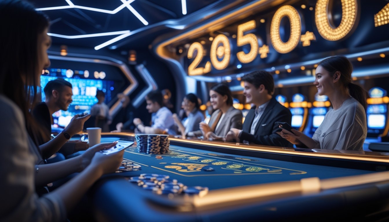 Suasana kasino online langsung dengan dealer, meja kartu, tumpukan chip, dan tampilan jackpot besar yang menyala.