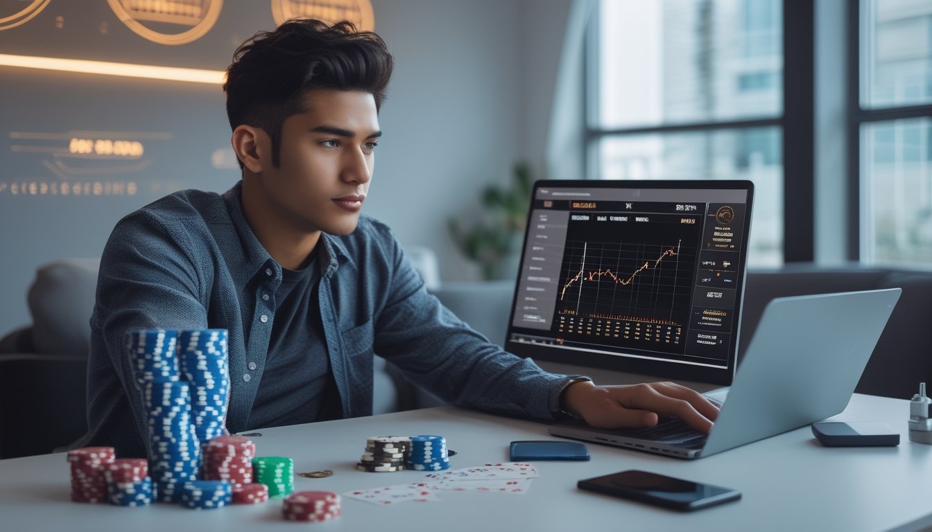 Seorang dewasa muda sedang mengelola permainan kasino online di laptop dengan tumpukan chip dan kartu di meja.