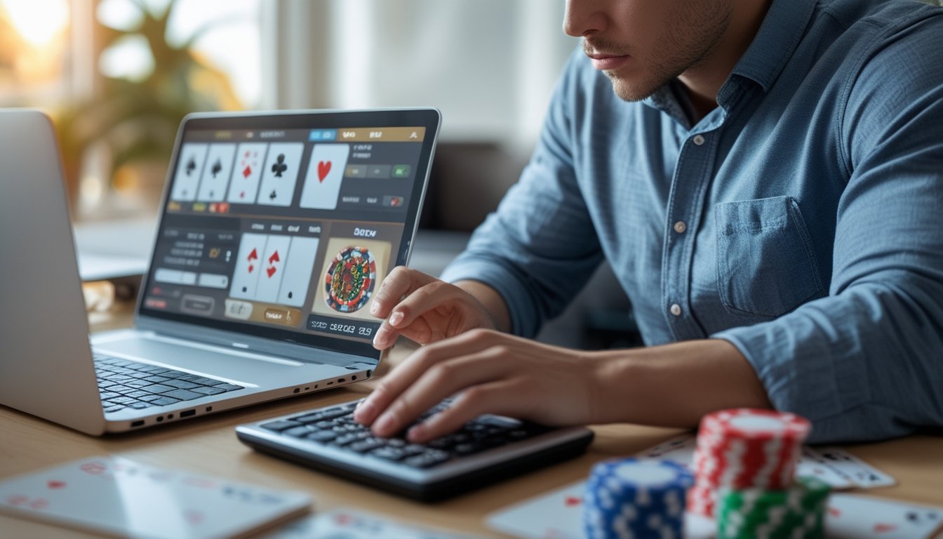 Seorang pria muda sedang mengelola keuangan sambil bermain kasino online di depan laptop dengan peralatan permainan dan alat hitung di meja.