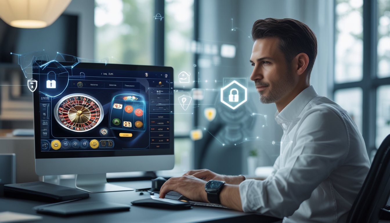 Seseorang menggunakan komputer dengan tampilan platform kasino online yang aman dan modern di ruang kerja rumah.