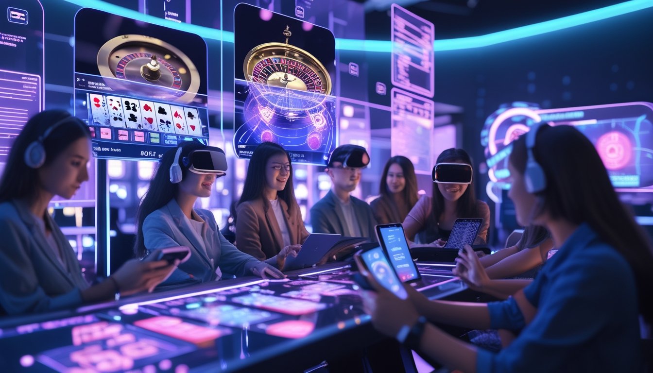 Beberapa orang muda menggunakan teknologi canggih untuk bermain kasino online langsung dengan layar digital dan perangkat modern di ruangan dengan pencahayaan biru dan ungu.
