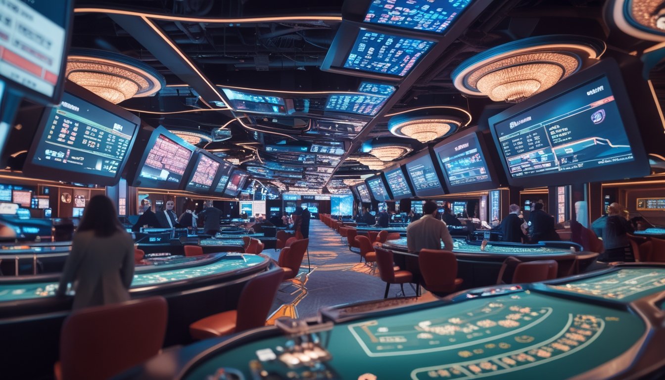 Suasana kasino online masa depan dengan dealer virtual dan layar digital canggih yang menampilkan permainan secara real-time.