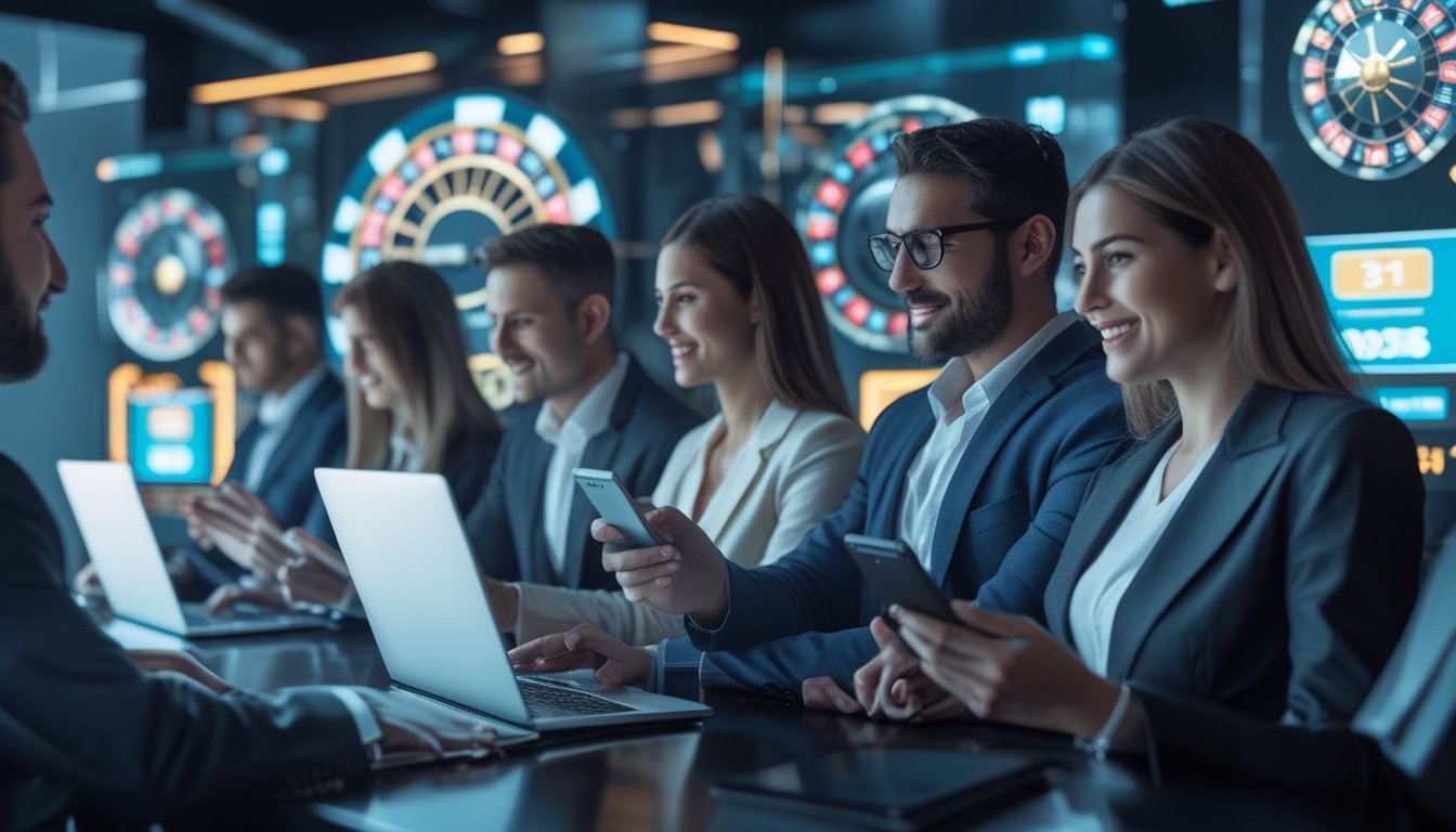Orang-orang menggunakan perangkat digital di lingkungan kasino online dengan elemen permainan kasino digital di latar belakang.