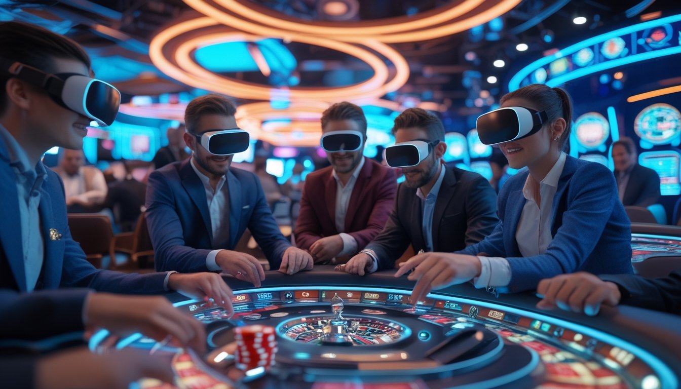 Orang-orang menggunakan headset VR di kasino online dengan permainan kasino holografik di sekitar mereka.