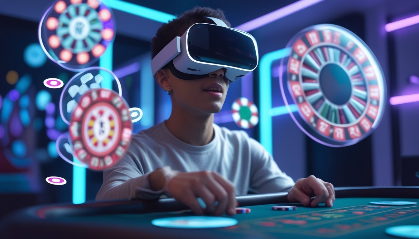 Seorang dewasa muda menggunakan headset realitas virtual dengan latar kasino virtual futuristik yang menampilkan meja poker dan roda roulette digital.