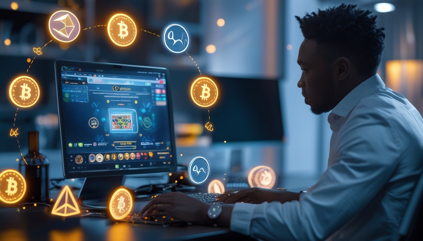 Seorang pemain dewasa sedang bermain kasino langsung online dengan latar belakang perangkat teknologi dan simbol mata uang kripto.