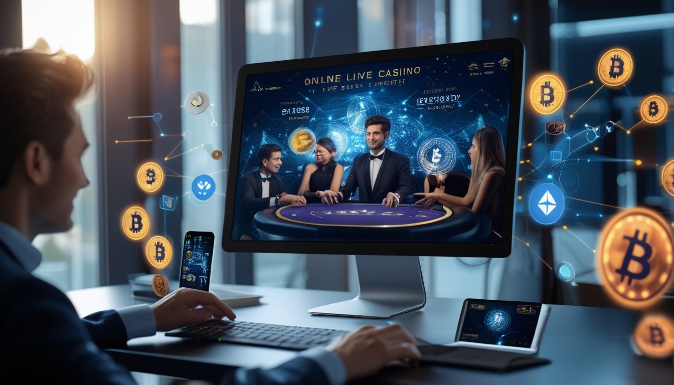 Seorang pemain sedang bermain kasino live online di komputer dengan tampilan transaksi mata uang kripto di sekitar layar.