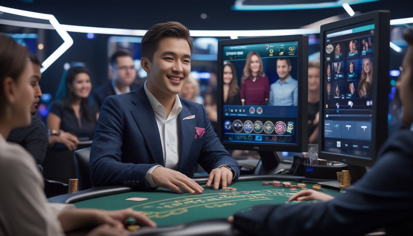 Seorang dealer manusia yang ramah sedang berinteraksi dengan pemain melalui layar komputer di studio kasino online yang modern.