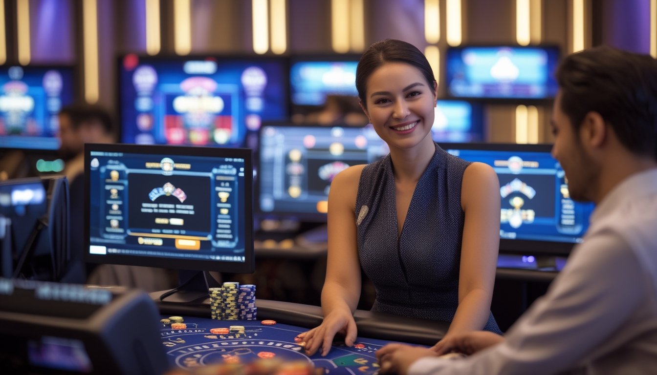 Seorang dealer manusia tersenyum dan berinteraksi dengan pemain melalui kamera dalam suasana kasino online yang modern dengan layar komputer menampilkan permainan kasino.