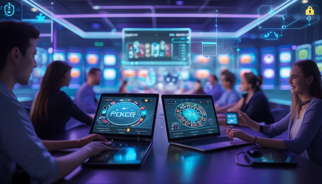 Beberapa orang bermain game kasino langsung secara online menggunakan perangkat digital di ruangan modern dengan pencahayaan biru dan ungu.
