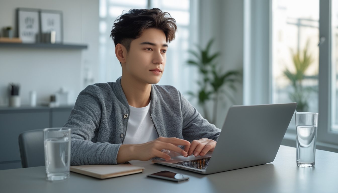 Seorang dewasa muda duduk di meja dengan laptop, fokus dan tenang saat bermain kasino online secara bertanggung jawab.
