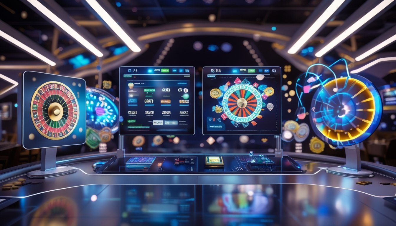 Suasana kasino online dengan elemen permainan klasik seperti roda roulette dan kartu, serta elemen permainan acara modern dengan roda hadiah dan pembawa acara di layar besar.
