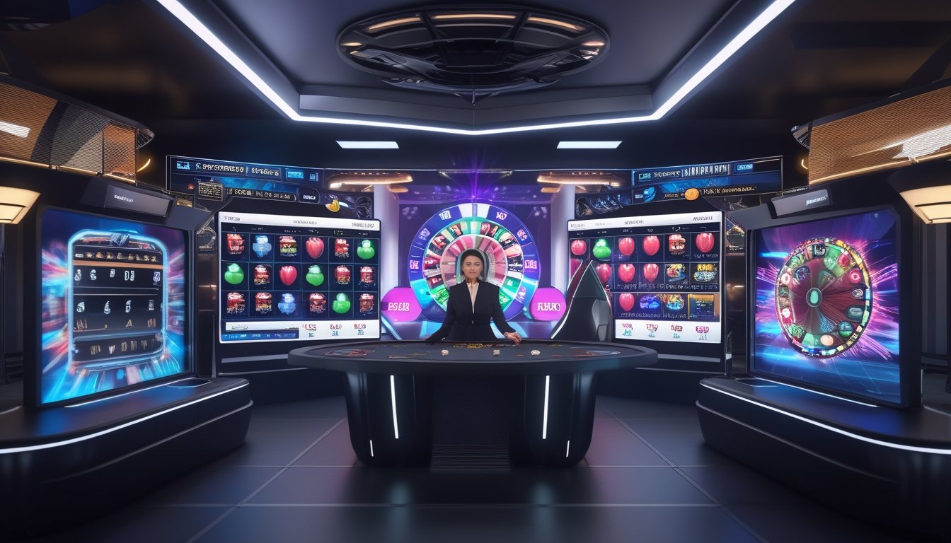 Seorang dealer kasino wanita di studio kasino online modern dengan layar menampilkan permainan kasino klasik dan elemen permainan acara yang berwarna-warni.