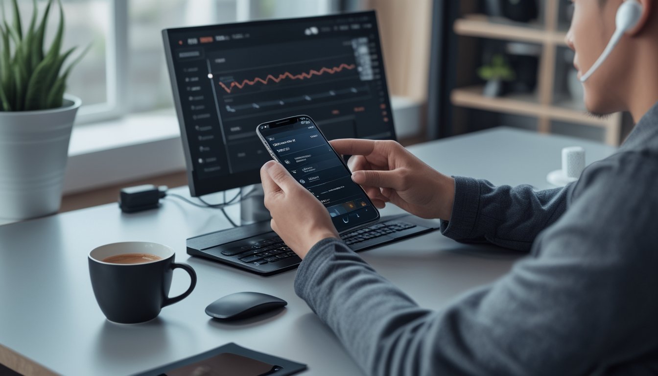 Seseorang sedang mengatur pengaturan pada ponsel di meja kerja dengan laptop terbuka di sampingnya, menunjukkan suasana persiapan perangkat mobile untuk pengalaman kasino online.