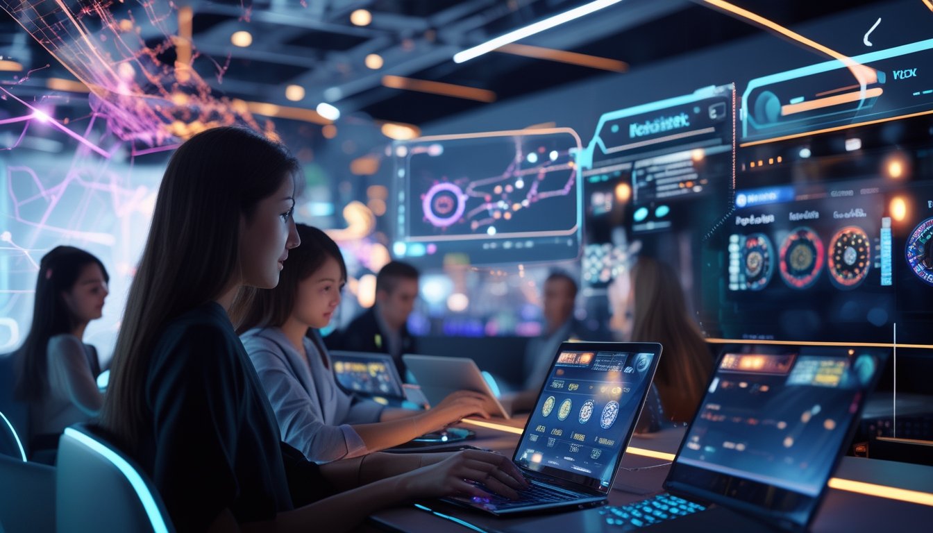 Orang-orang menggunakan perangkat digital untuk bermain kasino langsung online dengan elemen teknologi AI yang terlihat di latar belakang.