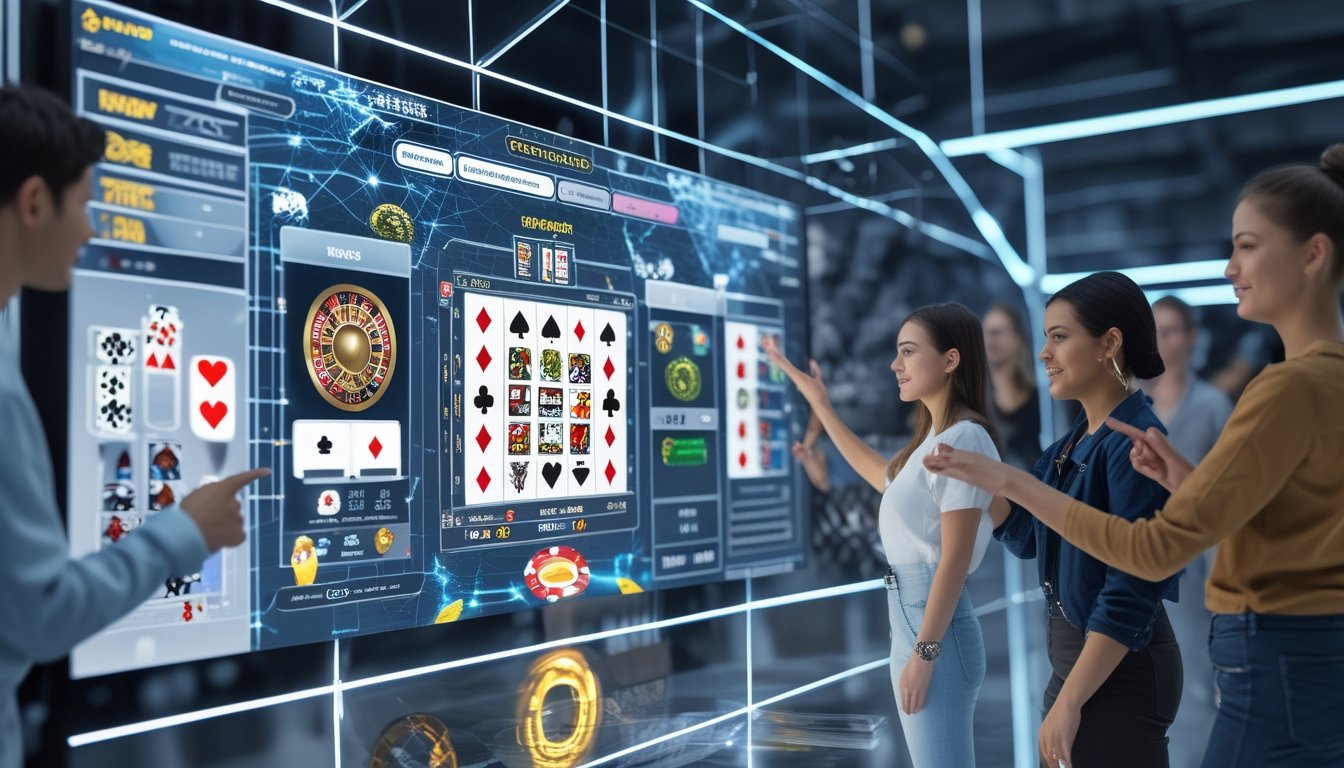 Beberapa orang beragam berinteraksi dengan antarmuka kasino online yang modern dan futuristik dengan elemen teknologi AI di latar belakang.