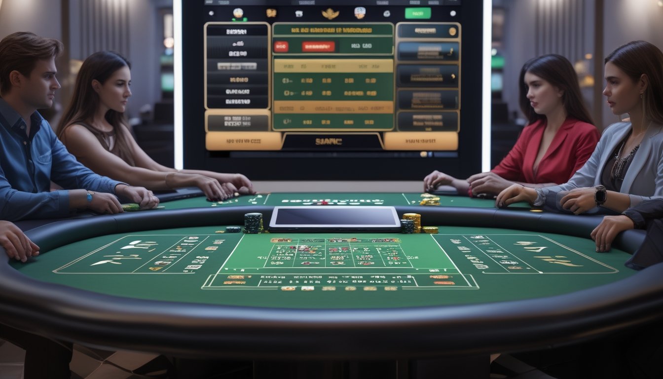 Meja taruhan kasino online dengan pemain yang sedang memasang chip dalam suasana kasino yang elegan.
