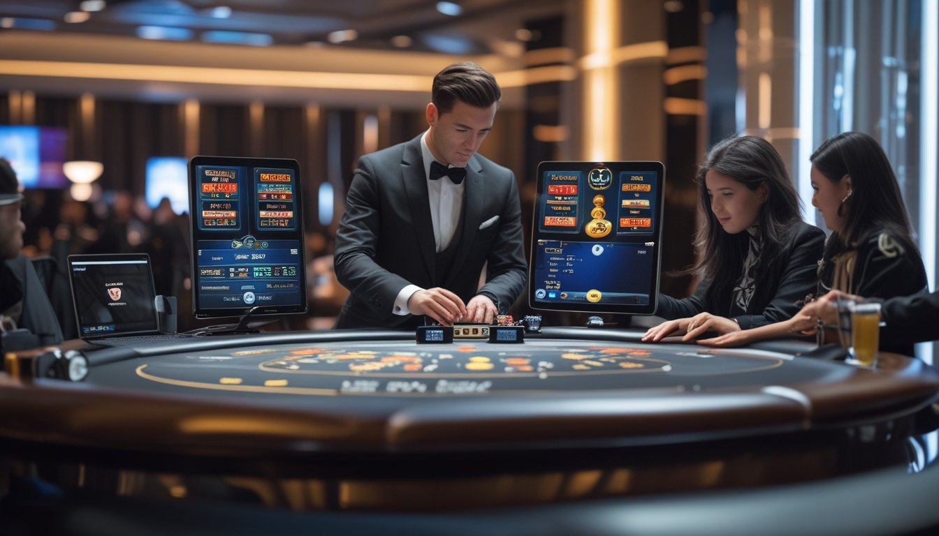 Seorang dealer kasino profesional di meja taruhan live dengan pemain yang menggunakan laptop dan ponsel untuk bertaruh secara online.