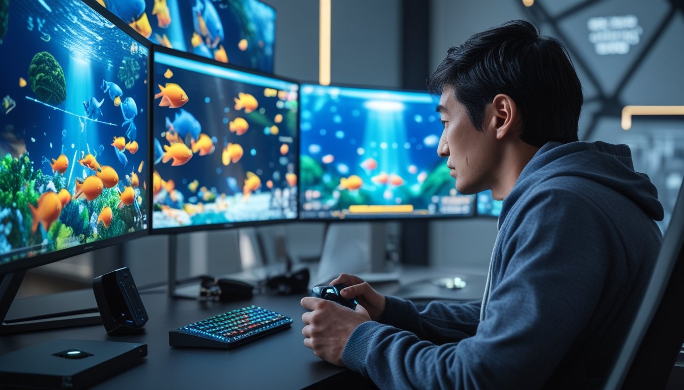 Seorang pemain dewasa sedang fokus bermain permainan tembak ikan online dengan layar komputer menampilkan ikan berwarna-warni di suasana ruangan modern.