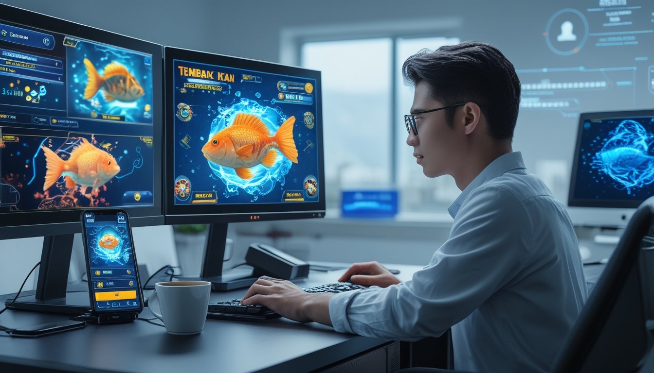 Seorang dewasa muda duduk di meja dengan beberapa monitor menampilkan permainan tembak ikan, di ruangan terang dengan elemen teknologi modern dan suasana profesional.