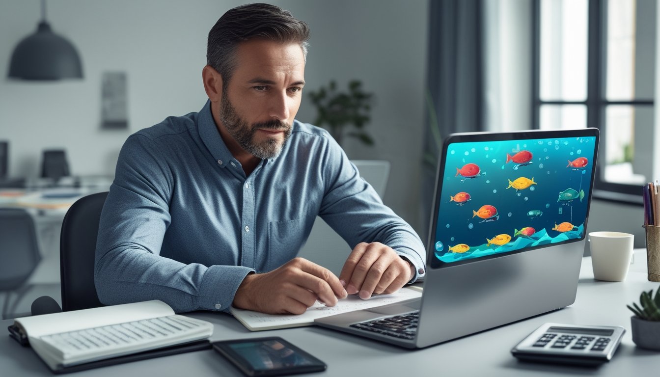 Seorang pria dewasa sedang mengelola keuangan sambil bermain permainan tembak ikan di laptop di ruang kerja rumah yang terang dan rapi.