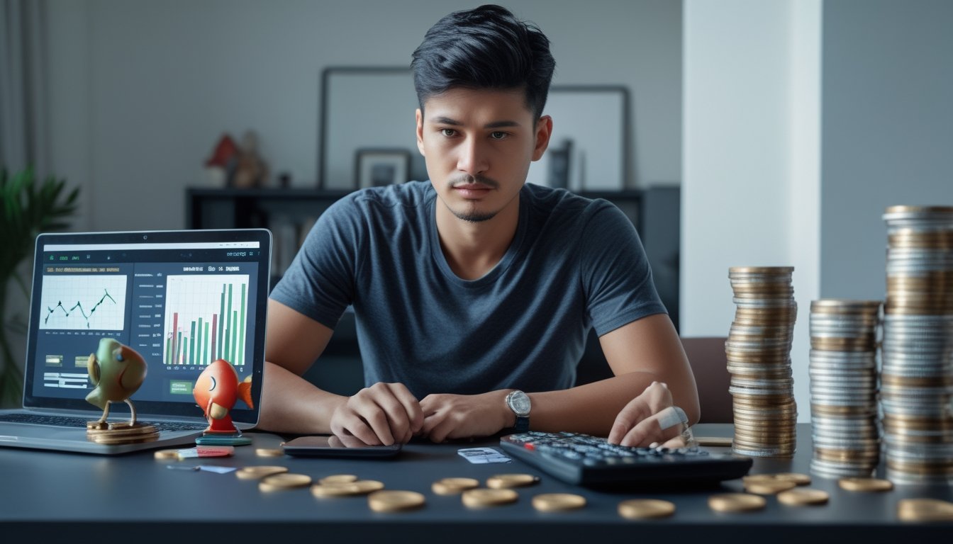 Seorang pria muda duduk di meja dengan laptop, kalkulator, dan uang, fokus mengelola keuangan dalam ruangan yang tenang.