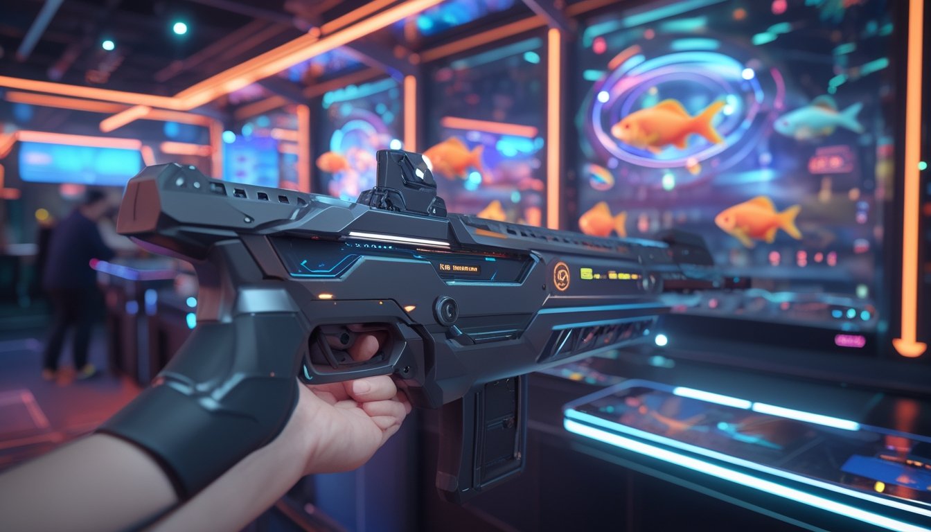 Suasana arcade digital futuristik dengan senjata digital canggih dan ikan berwarna-warni di layar transparan, menggambarkan fitur terbaru dalam judi tembak ikan online tahun 2026.