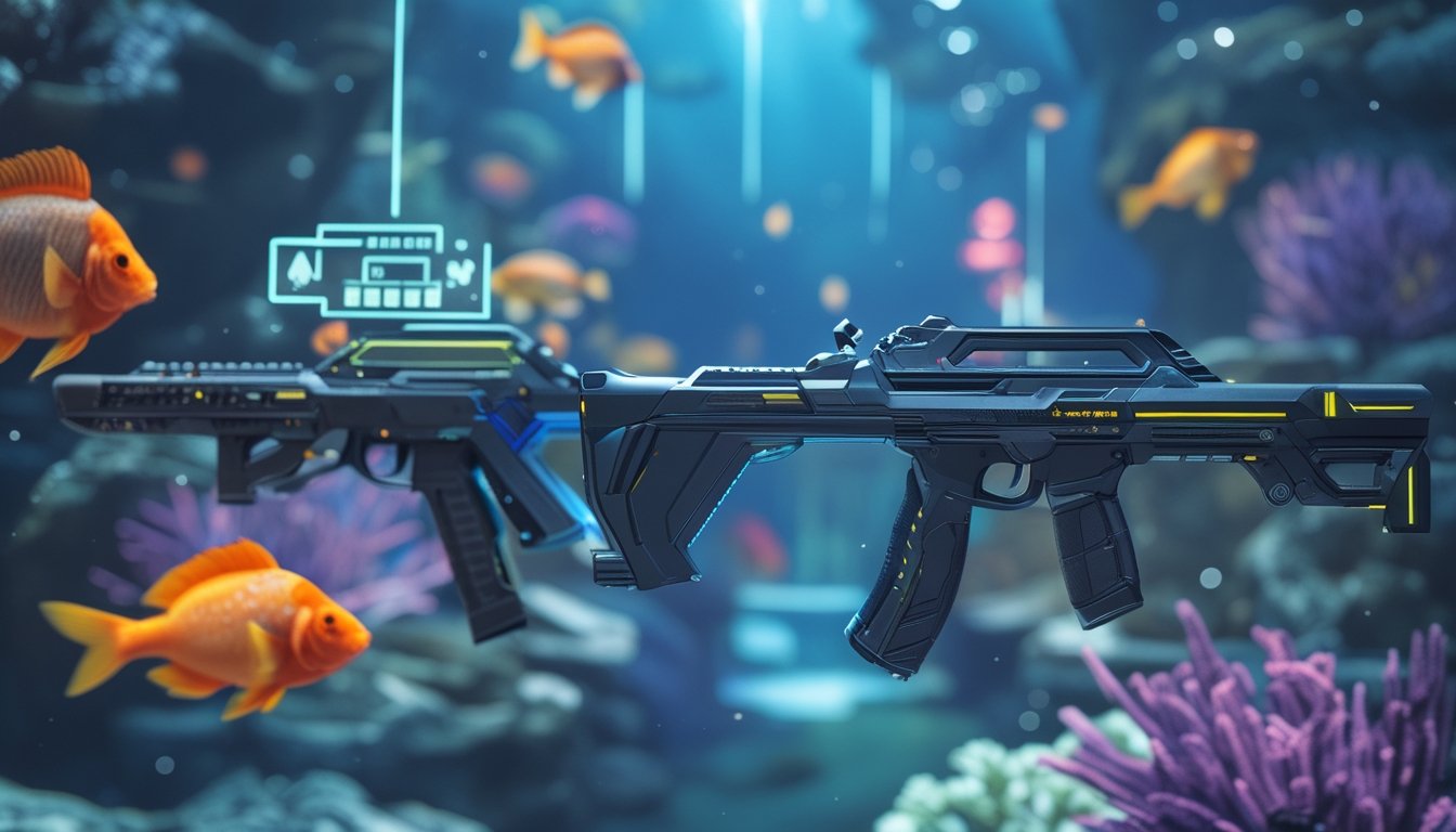 Pemandangan bawah laut dengan ikan berwarna-warni dan senjata digital futuristik yang menunjukkan evolusi dalam permainan tembak ikan online.