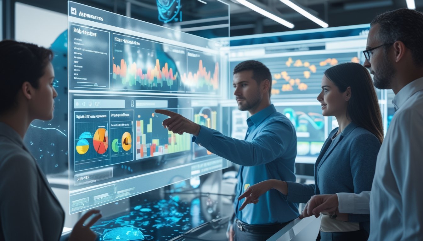 Sekelompok profesional sedang menganalisis data pola kemunculan ikan besar menggunakan layar holografik di ruang kantor modern.