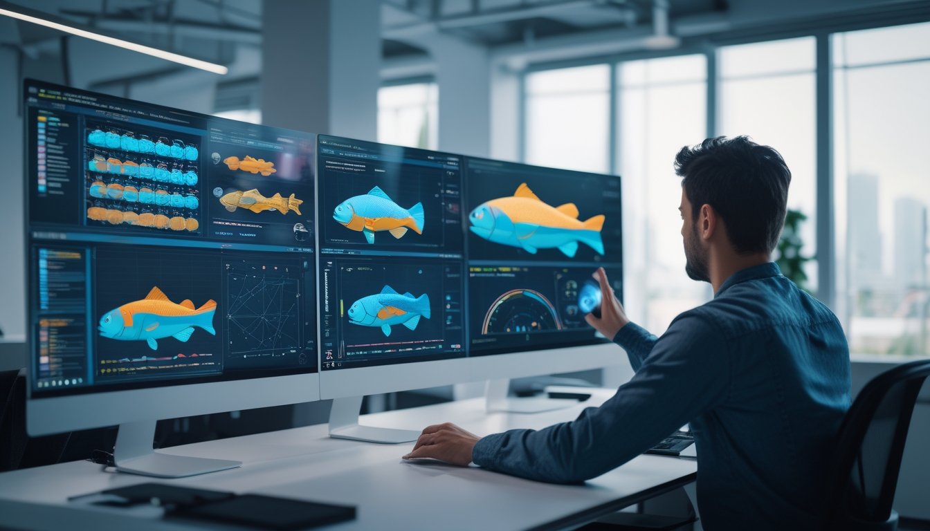 Seorang individu sedang menganalisis data pola kemunculan ikan besar pada layar komputer di ruang kantor modern.