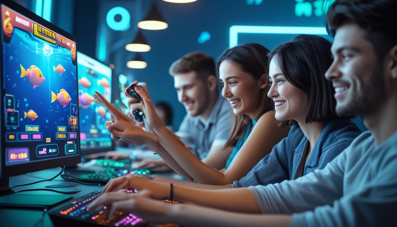 Beberapa orang muda sedang bermain game tembak ikan di perangkat digital di sebuah ruangan modern dengan suasana ceria dan fokus.
