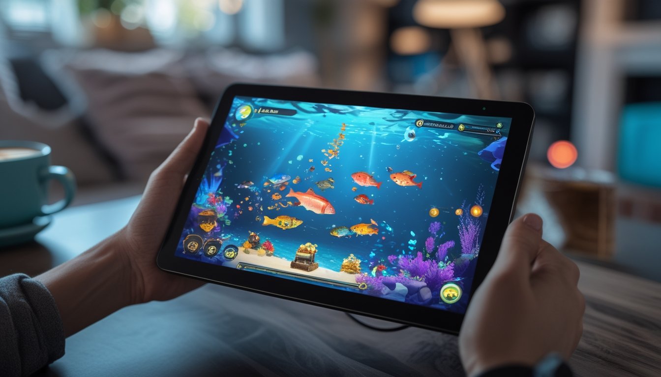 Seseorang bermain permainan tembak ikan online di tablet dengan latar belakang ruangan yang nyaman.