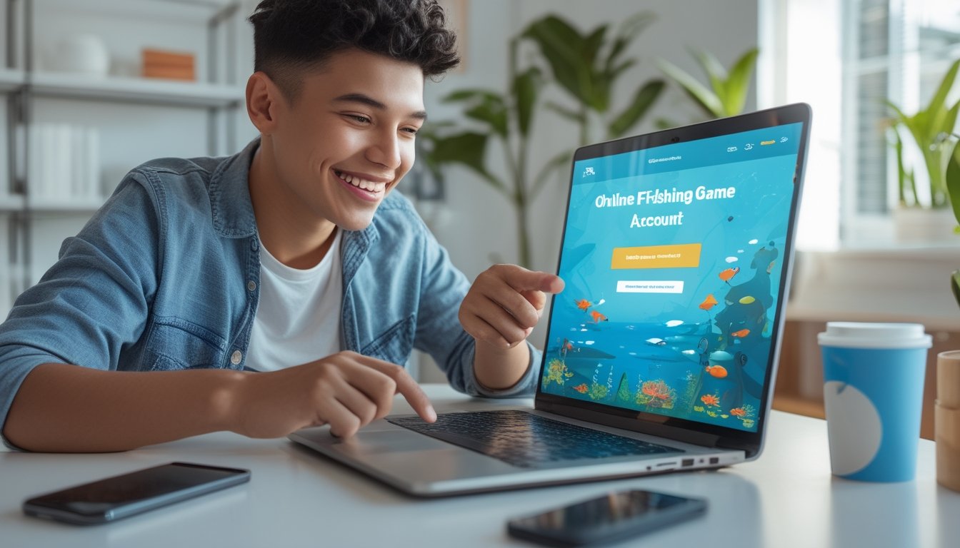 Seseorang sedang mendaftar akun permainan tembak ikan secara online di sebuah laptop di ruang kerja rumah yang terang.