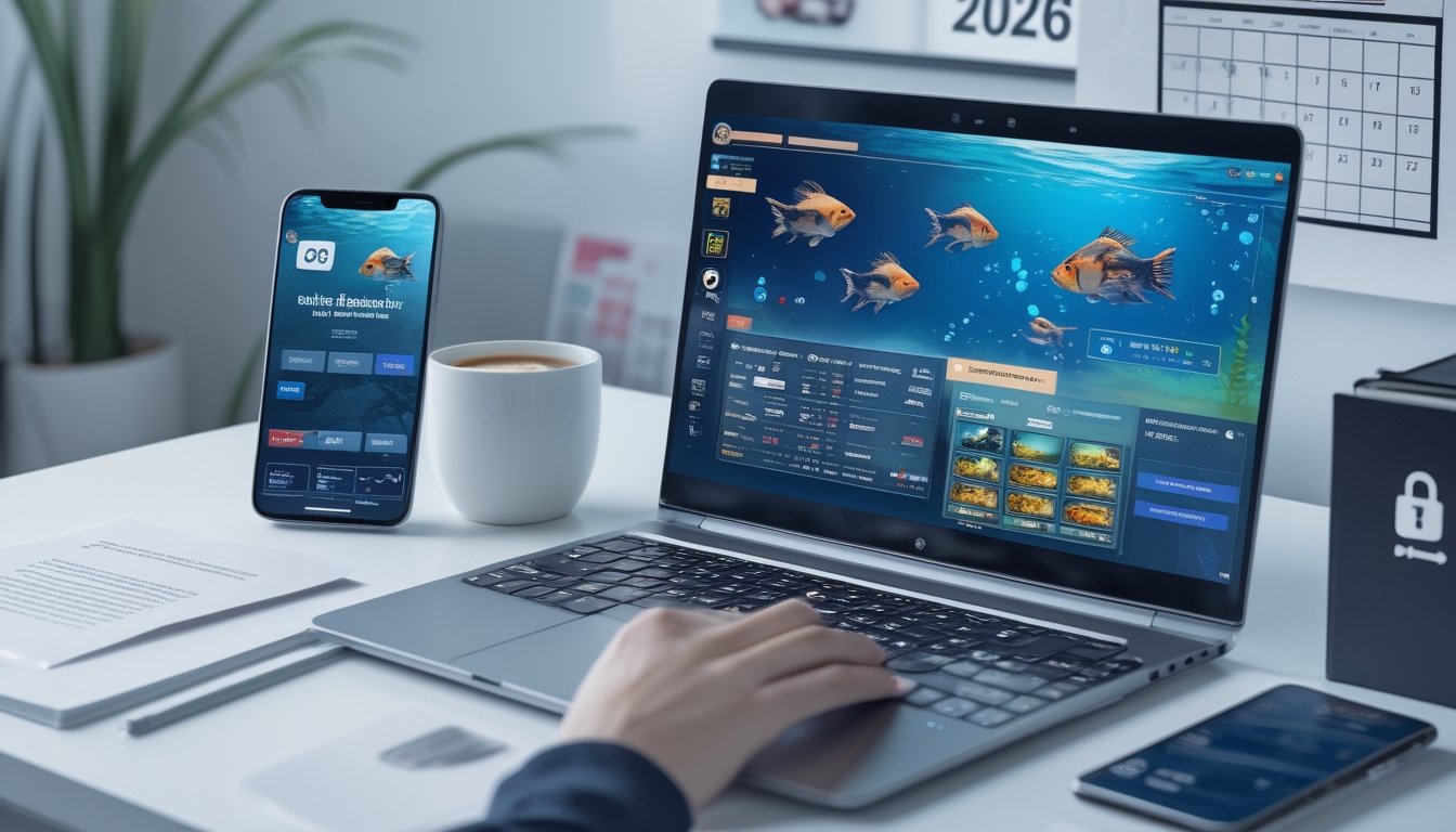 Seorang pengguna sedang menyiapkan akun judi online dengan laptop yang menampilkan permainan tembak ikan dan formulir pendaftaran di smartphone di meja kerja yang rapi.
