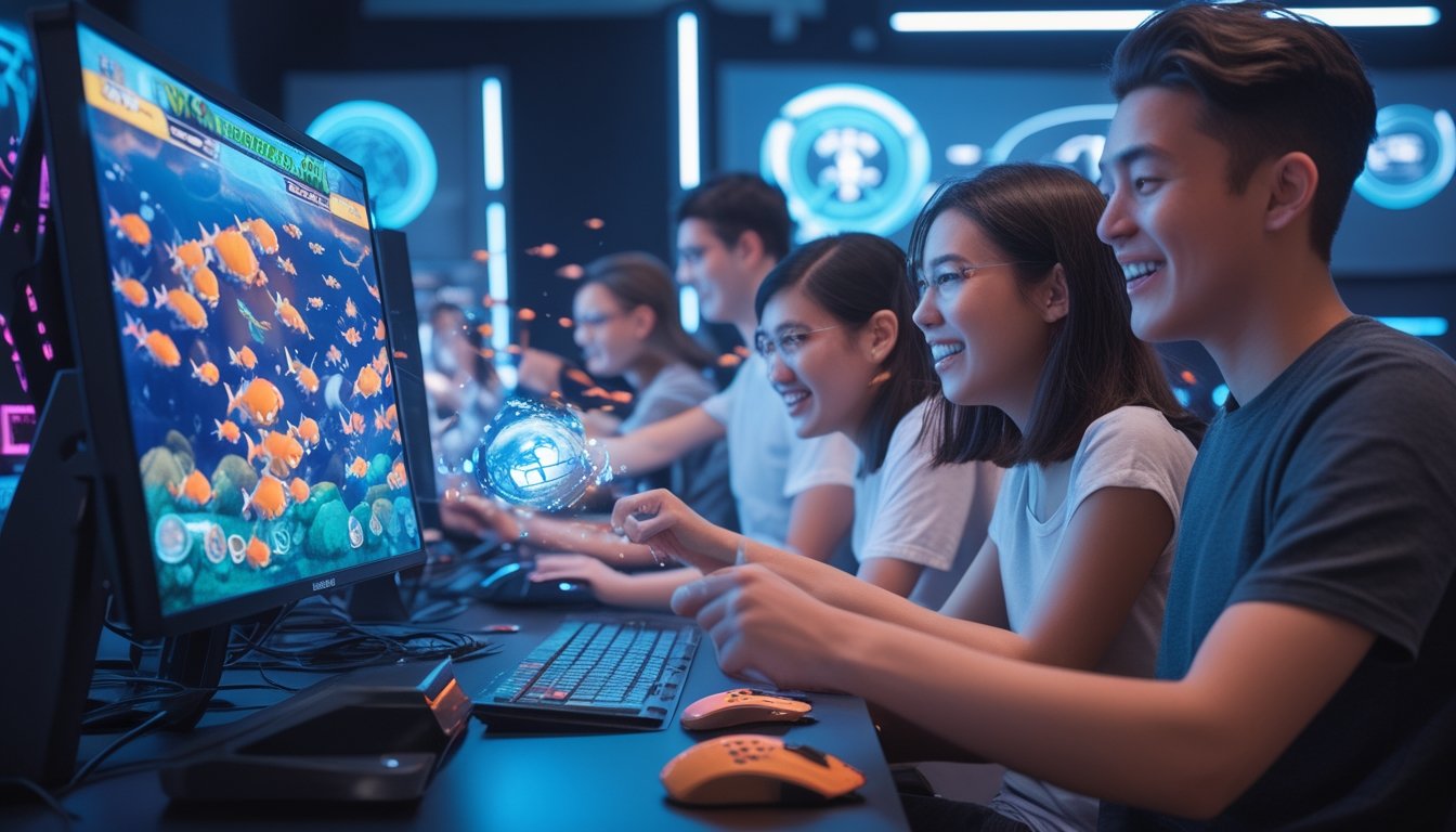 Sekelompok orang muda bermain game tembak ikan di komputer dengan layar menampilkan grafik bawah laut yang berwarna-warni.