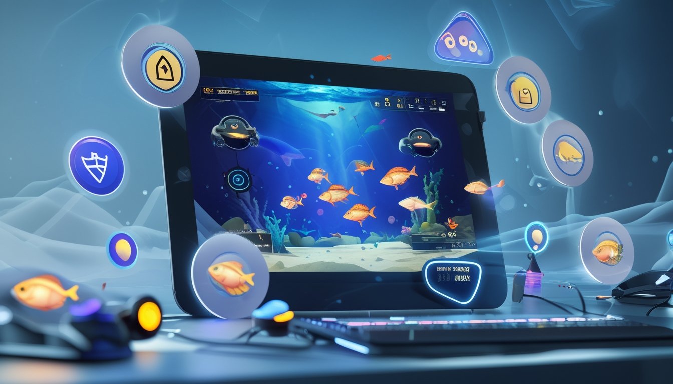 Layar perangkat digital menampilkan grafik permainan ikan dengan elemen menembak, dikelilingi ikon kualitas di latar belakang biru seperti bawah laut.
