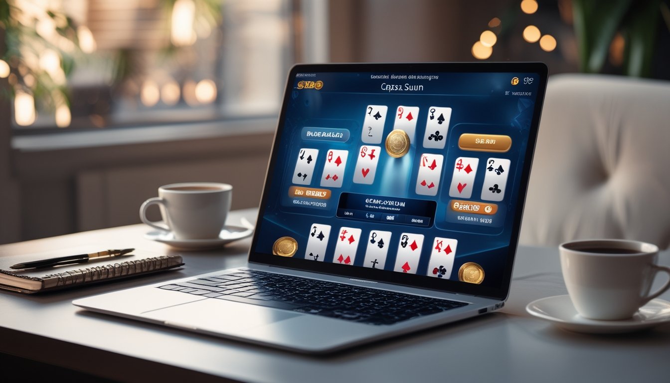 Sebuah laptop menampilkan permainan Capsa Susun online dengan kartu yang tersusun rapi di layar, diletakkan di atas meja kerja yang rapi dengan secangkir kopi dan alat tulis.