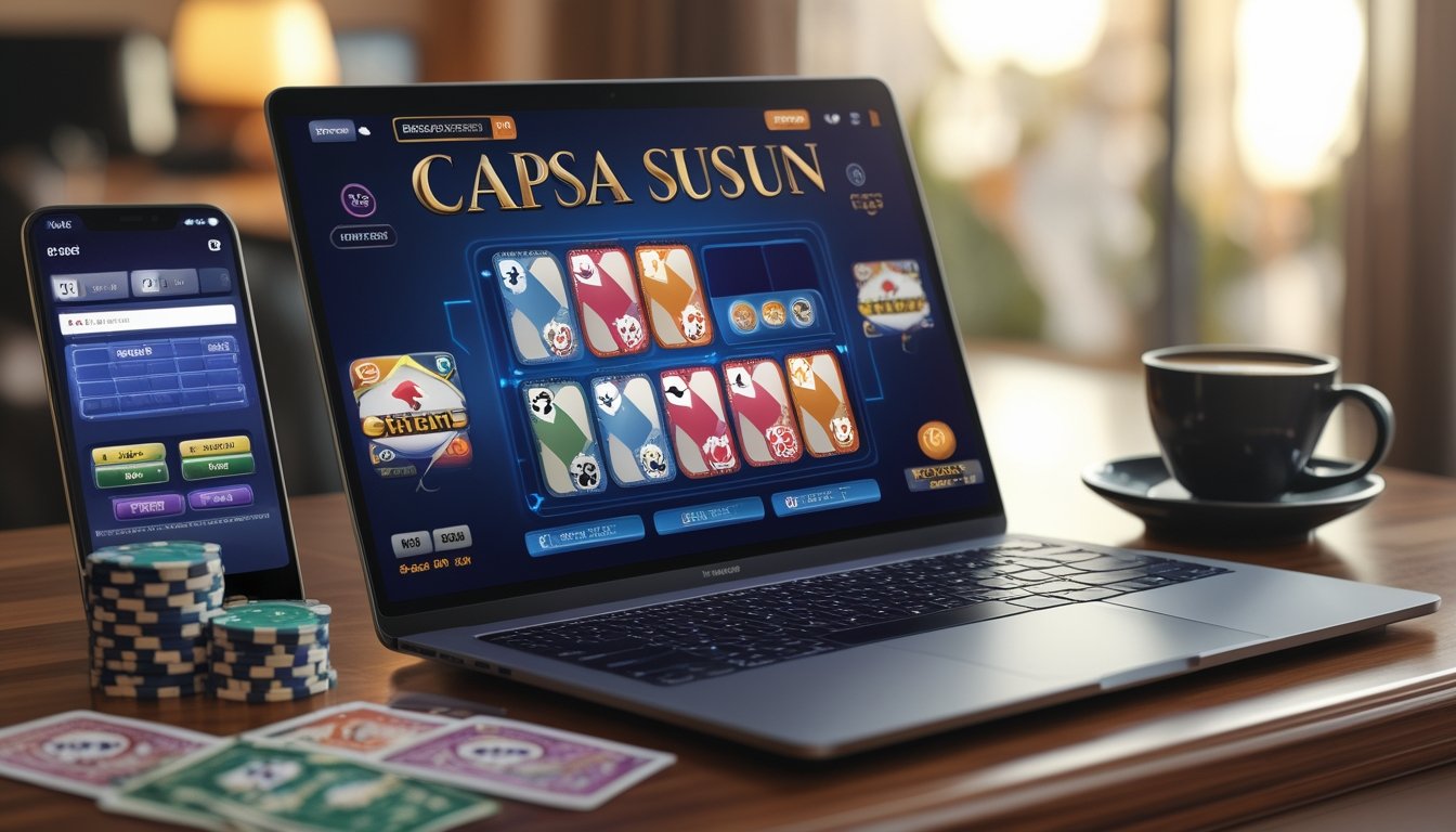 Seorang pemain sedang menggunakan laptop dengan permainan kartu Capsa Susun di layar, dikelilingi oleh chip poker dan ponsel di atas meja kayu.