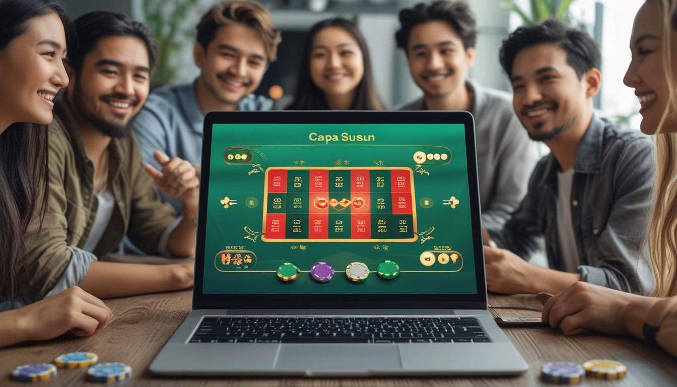 Orang-orang muda sedang bermain Capsa Susun secara online dengan perangkat digital di lingkungan yang nyaman.