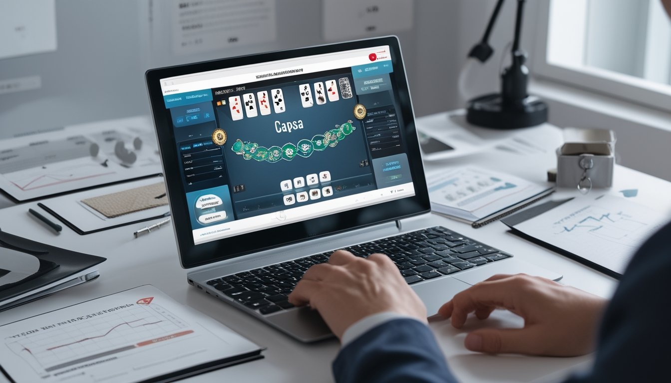 Seorang individu sedang menganalisis peluang kemenangan dalam permainan Capsa online di depan laptop dengan tampilan kartu dan grafik di meja kerja.