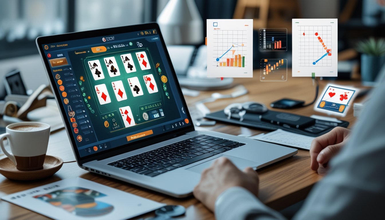 Seorang pemain sedang menggunakan laptop dengan tampilan permainan Capsa online dan grafik analisis peluang kemenangan di meja kerja yang rapi.