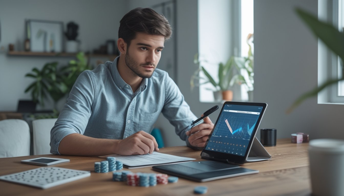 Seorang pria muda duduk di meja dengan chip judi, kartu, dan tablet, sedang mengatur modal taruhan dengan serius.
